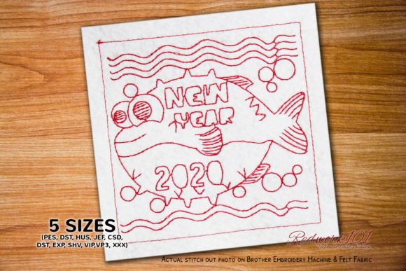 Baby Fish 2020 Happy New Year Redwork